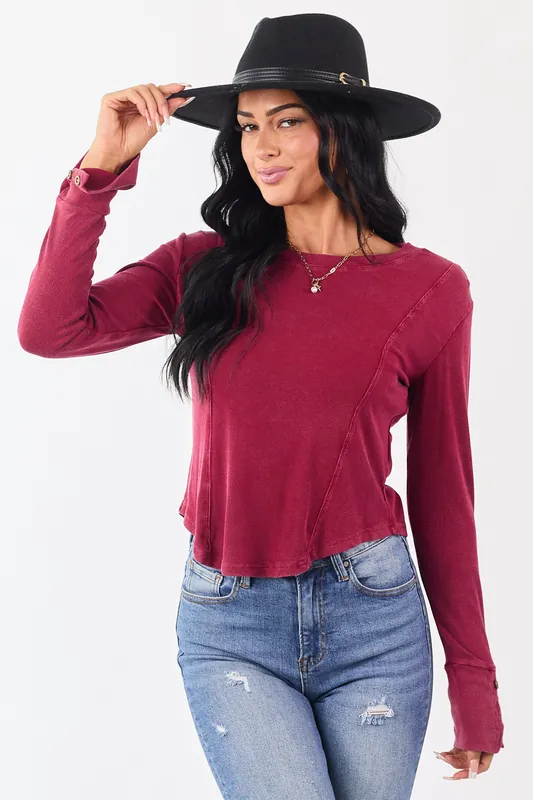 Washed Maroon Ribbed Knit Long Sleeve Top - Shewin
