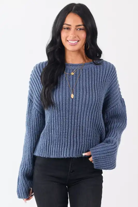 Steel Blue Chunky Rib Knit Boxy Boat Neck Sweater - LE LIS