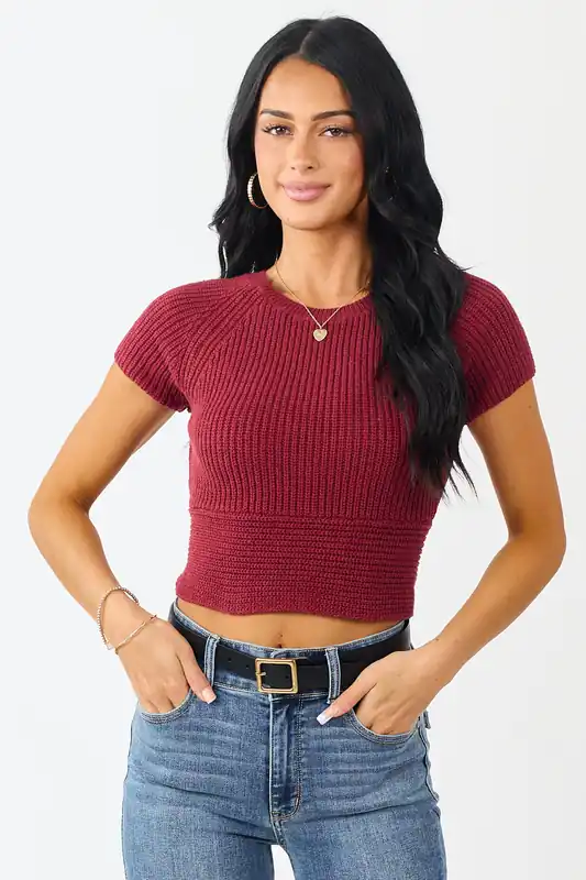 Cherry Rib Knit Back Tie Crop Sweater Top - LE LIS