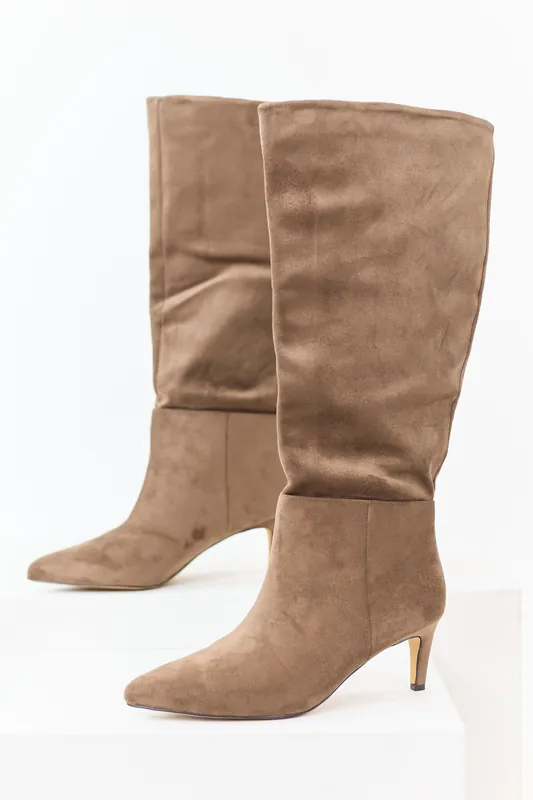 Taupe Faux Suede Pointed Toe Heeled Boots - FORTUNE DYNAMIC