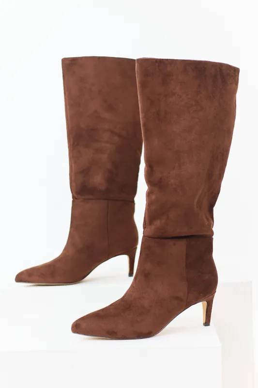 Sepia Faux Suede Pointed Toe Heeled Boots - FORTUNE DYNAMIC