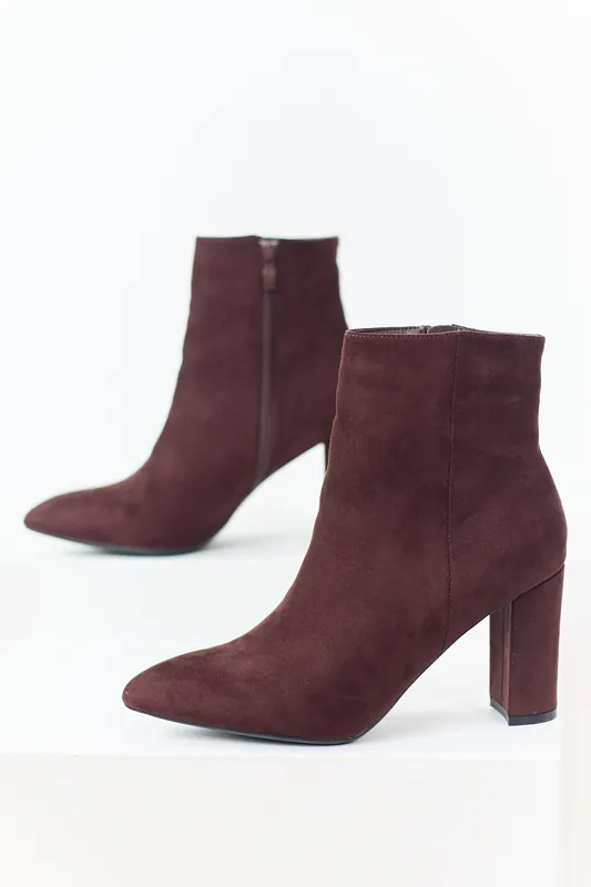 Chocolate Faux Suede Pointed Toe Heeled Booties - Berness