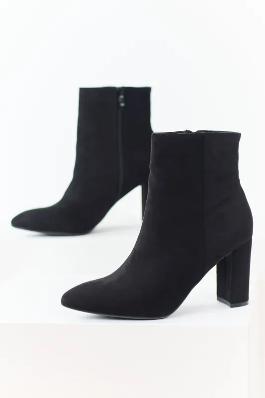 Black Faux Suede Pointed Toe Heeled Booties - Berness