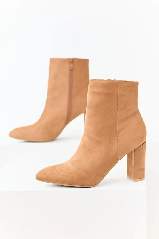 Brown Sugar Faux Suede Pointed Toe Heeled Booties - Berness