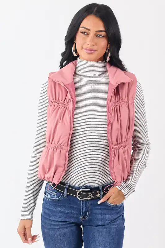 Punch Ruched Zip Up Puffer Vest - Privy
