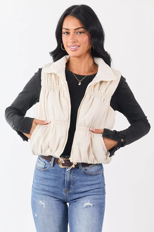 Vanilla Ruched Zip Up Puffer Vest - Privy