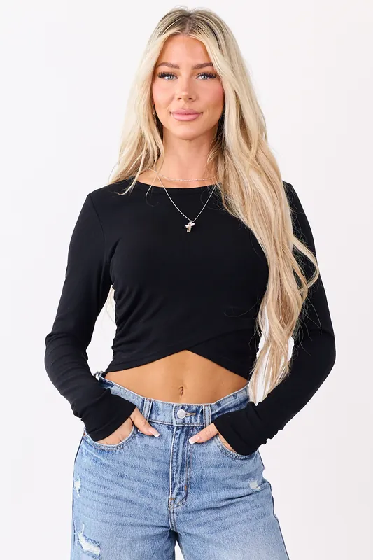 Black Long Sleeve Tulip Hem Ribbed Knit Top - Mittoshop