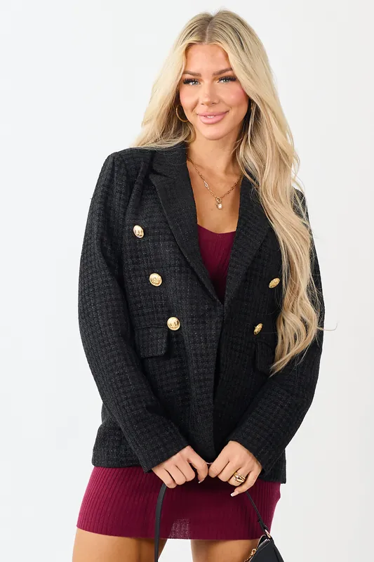 Black Tweed Metallic Threading Button Down Blazer - Mittoshop