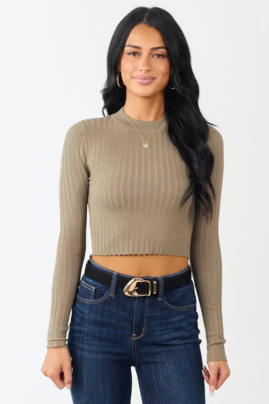 Dark Sage High Neck Long Sleeve Cropped Top - Mittoshop