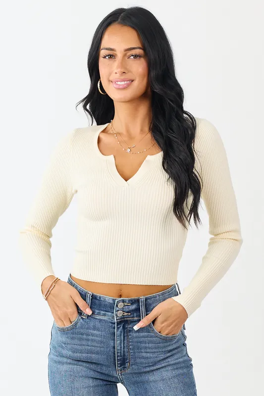 Cream V Notch Rib Knit Fitted Cropped Sweater Top - Mittoshop