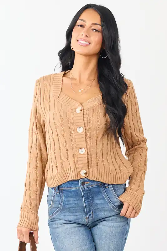 Camel Cable Knit Button Up Mid Length Cardigan - Mittoshop