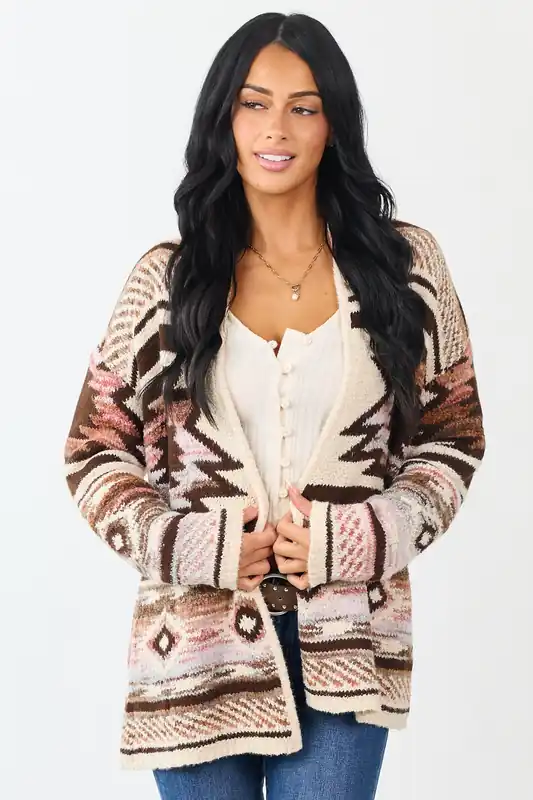 Vanilla Aztec Print Open Front Sweater Cardigan - Nostalgia