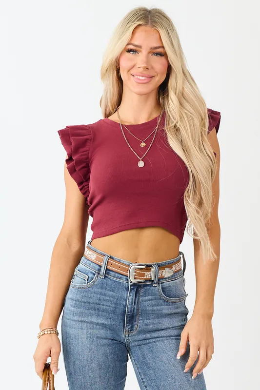 Maroon Rib Knit Ruffle Cap Sleeve Crop Top - Day + Moon
