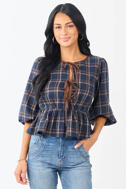 Navy Plaid Peplum Front Tie 3/4 Sleeve Top - Day + Moon
