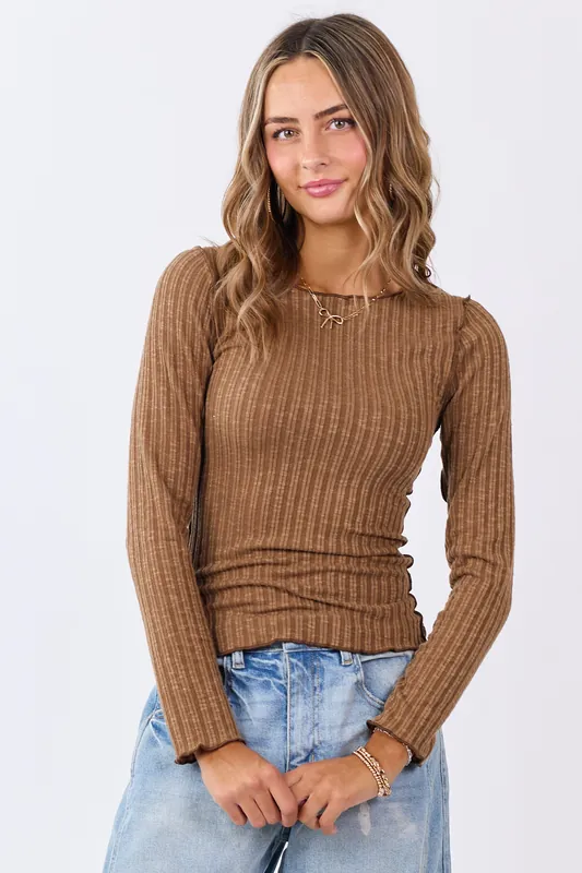 Peanut Rib Knit Lettuce Trim Long Sleeve Top - Mittoshop