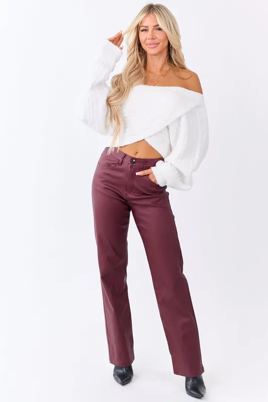 Wine Metallic Faux Leather Stretchy Straight Pants - Balboa Fashion