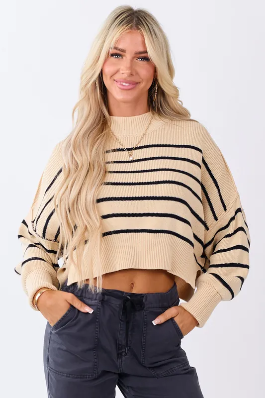 Beige and Black Striped Cropped Ribbed Knit Sweater - HYFVE