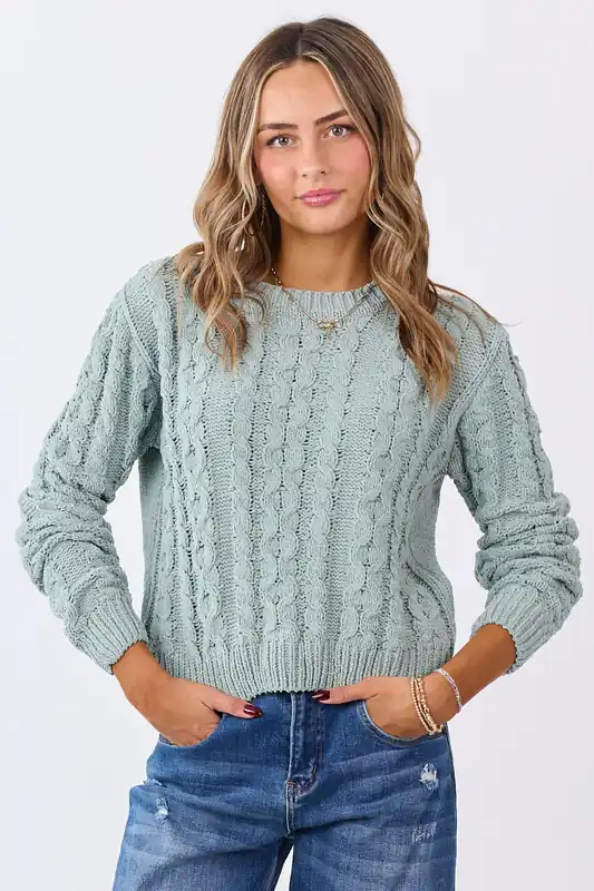 Mint Green Chenille Cable Knit Sweater - HYFVE