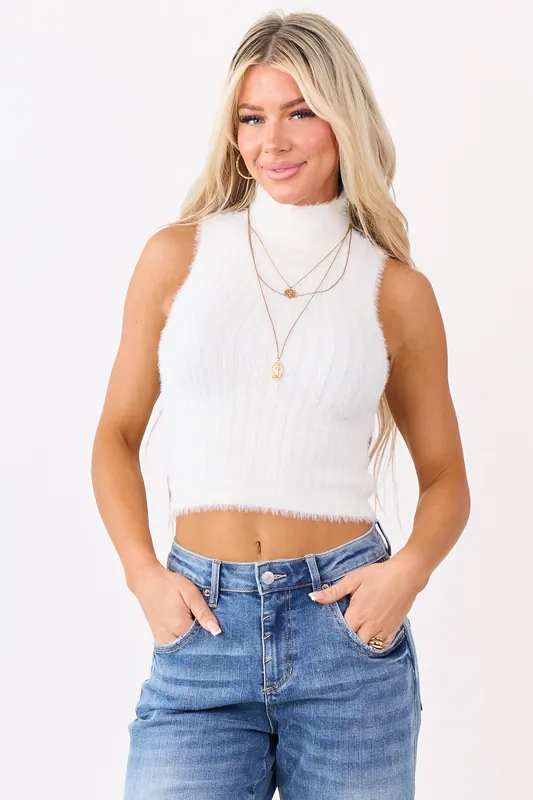 Ivory Ribbed Eyelash Knit High Neck Tank Top - HYFVE