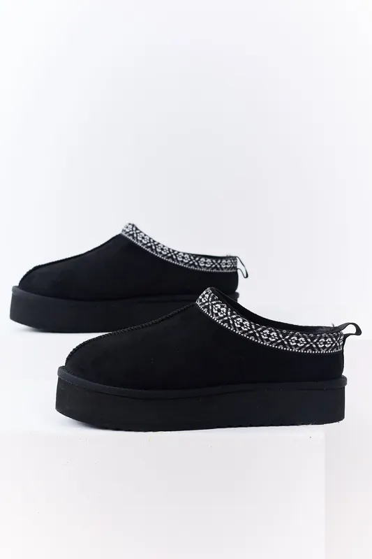 Black Faux Suede Fur Lined Platform Slippers - FORTUNE DYNAMIC