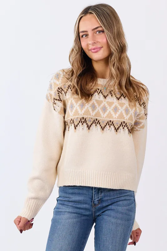 Cream Fair Isle Knit Crew Neck Long Sleeve Sweater - HYFVE