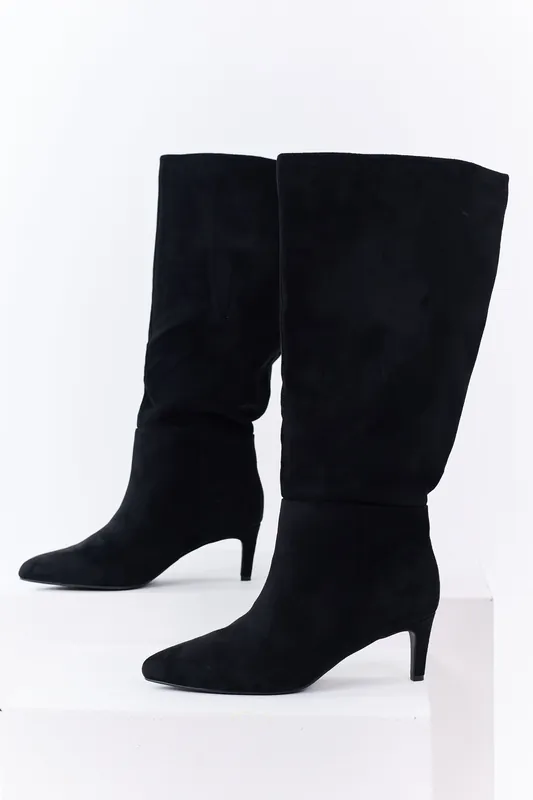 Black Faux Suede Pointed Toe Heeled Tall Boots - FORTUNE DYNAMIC