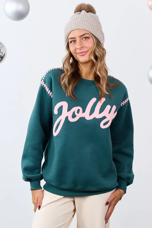 Pine 'Jolly' Graphic Contrast Stitching Sweatshirt - Peach Love