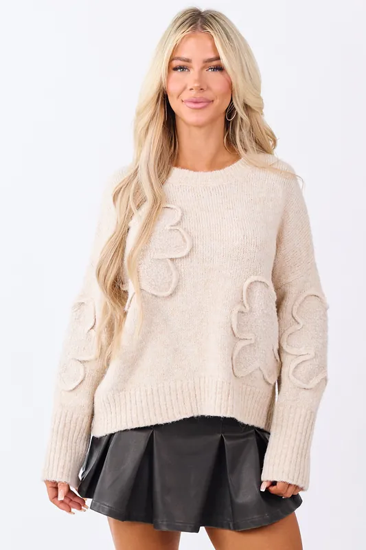 Lovelo Sand 3D Sherpa Floral Knit Relaxed Sweater - GeeGee