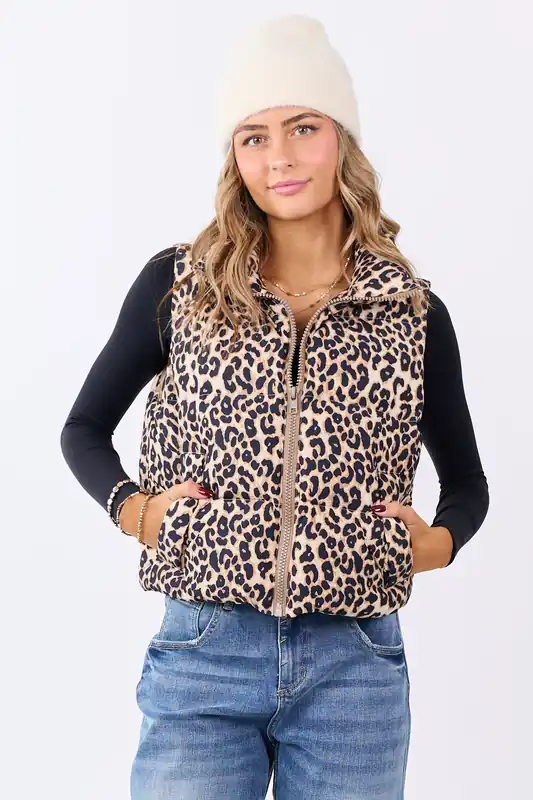 Lovelo Almond Leopard Print Zip Up Puffer Vest - GeeGee