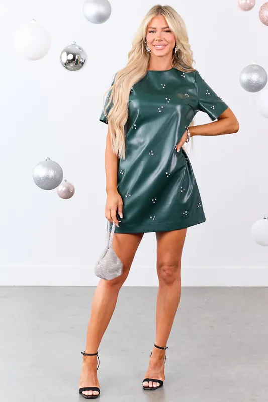Lovelo Forest Green Faux Leather Rhinestone Mini Dress - GeeGee