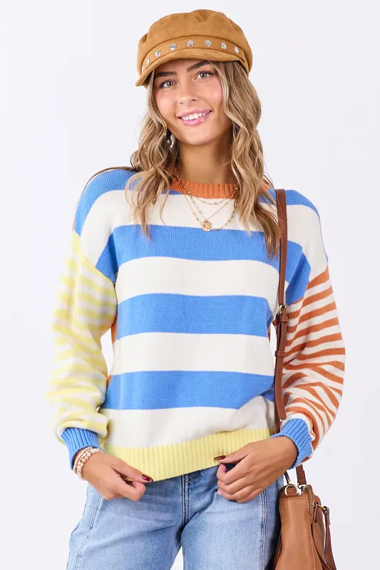 Cream Contrast Striped Long Sleeve Cotton Sweater - In February