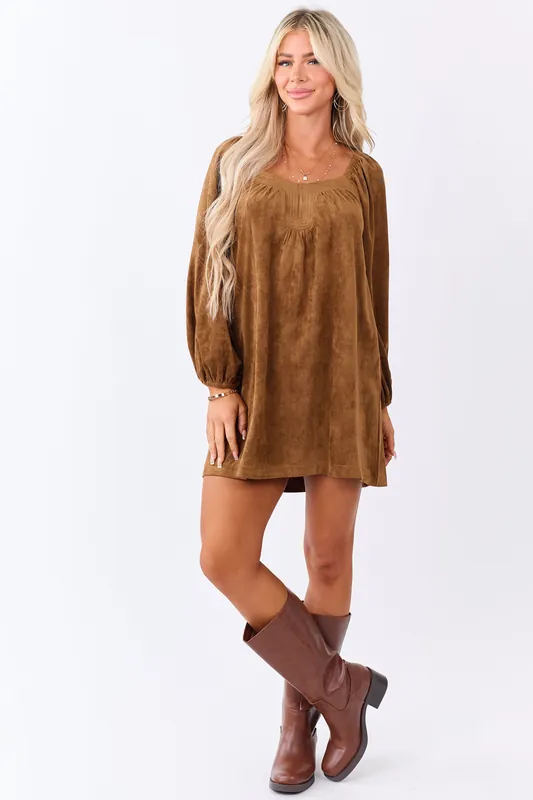 Sepia Faux Suede Puff Sleeve Square Neck Mini Dress - Able