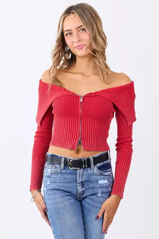 Ruby Cotton Off Shoulder Zip Up Sweater Jacket - Withy