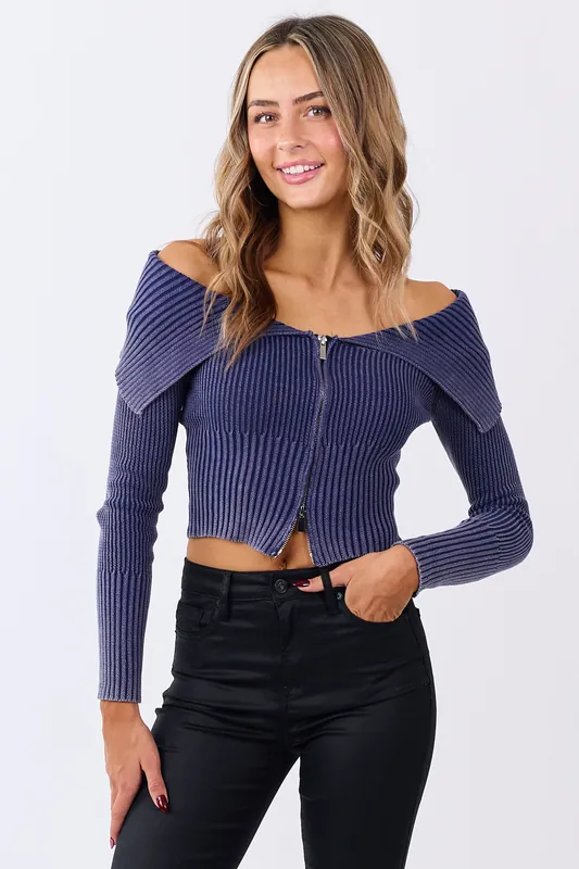 Navy Cotton Off Shoulder Zip Up Sweater Jacket - Withy