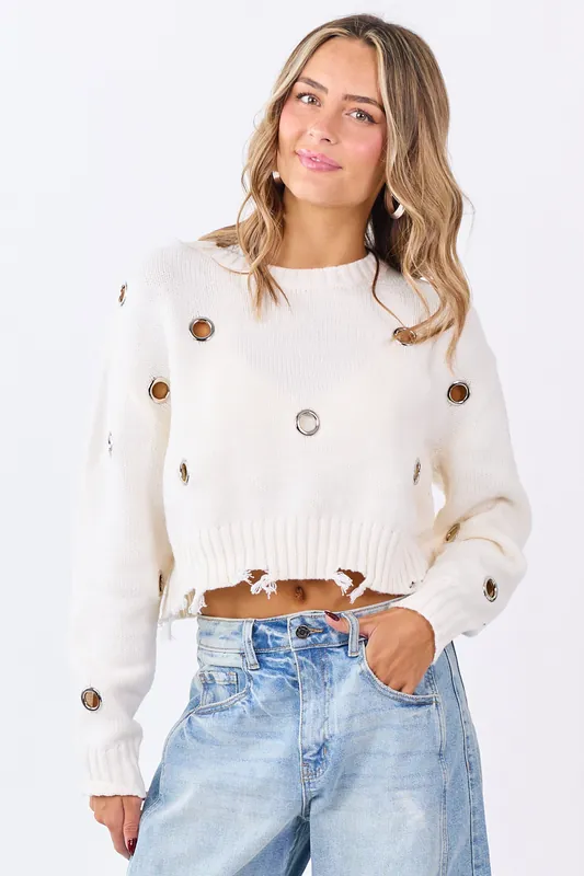 Ivory Large Grommet Cropped Knit Sweater - ANWND