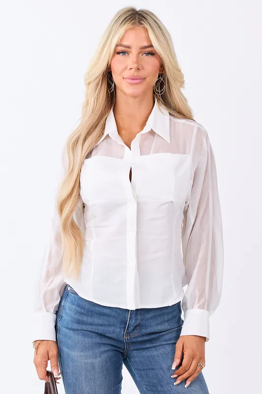White Sheer Yoke Hidden Button Down Collared Top - Fore Collection