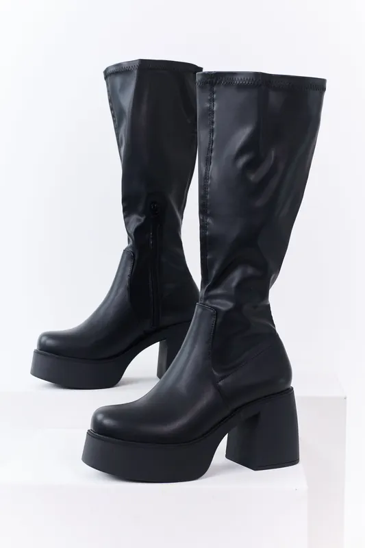 Black Block Heel Faux Leather Platform Boots - FORTUNE DYNAMIC