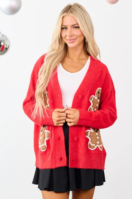 Lipstick Gingerbread Graphic Eyelash Knit Cardigan - Fantastic Fawn