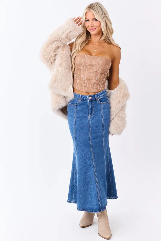 Medium Wash Denim Mermaid Hem Maxi Skirt - ANWND