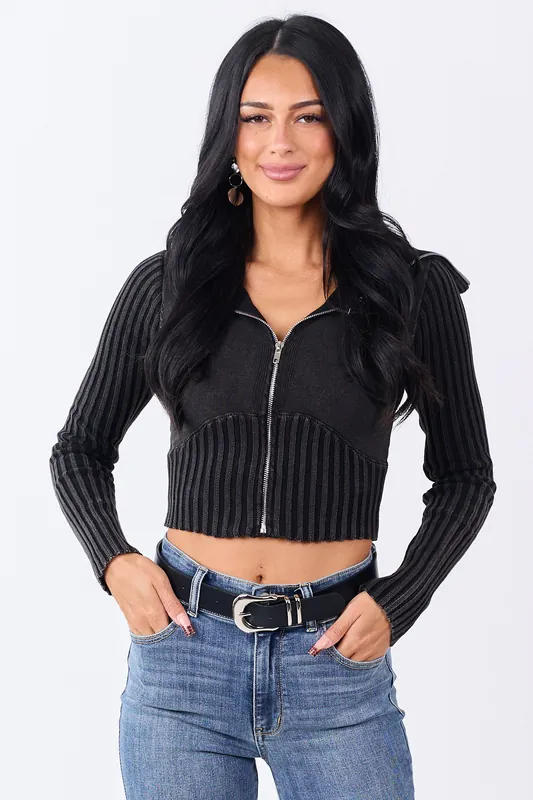 Washed Black Ribbed Cotton Knit Zip Up Crop Jacket - Withy