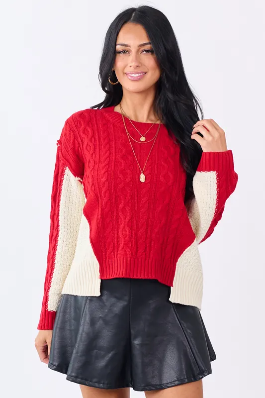 Lipstick Colorblock Cable Knit Crew Neck Sweater - LovLov