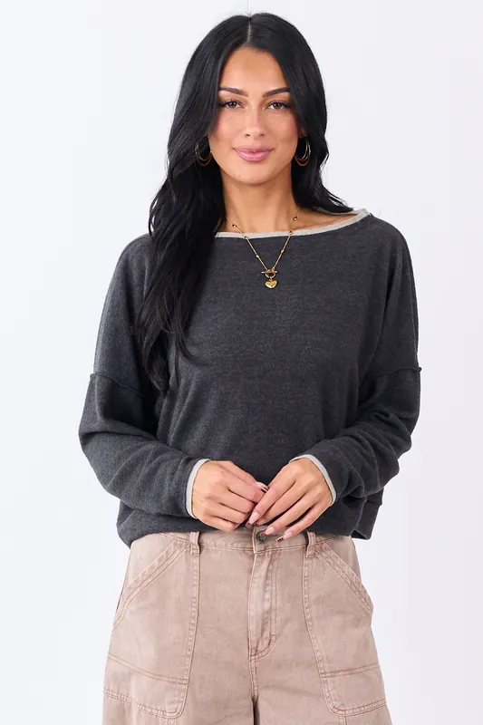 Charcoal Fleece Contrast Trim Long Sleeve Top - Wasabi+Mint