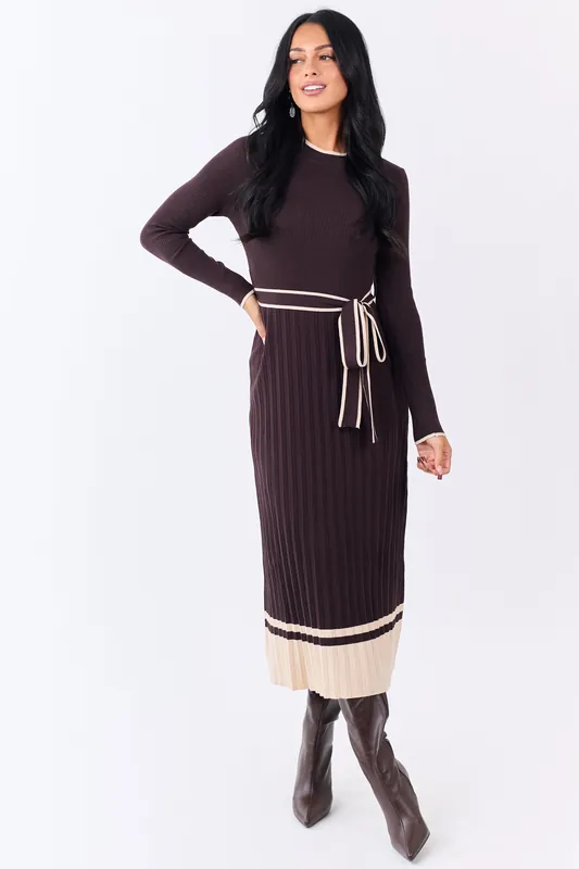 Cocoa Rib Knit Waist Tie Sweater Midi Dress - Camellia Clothing