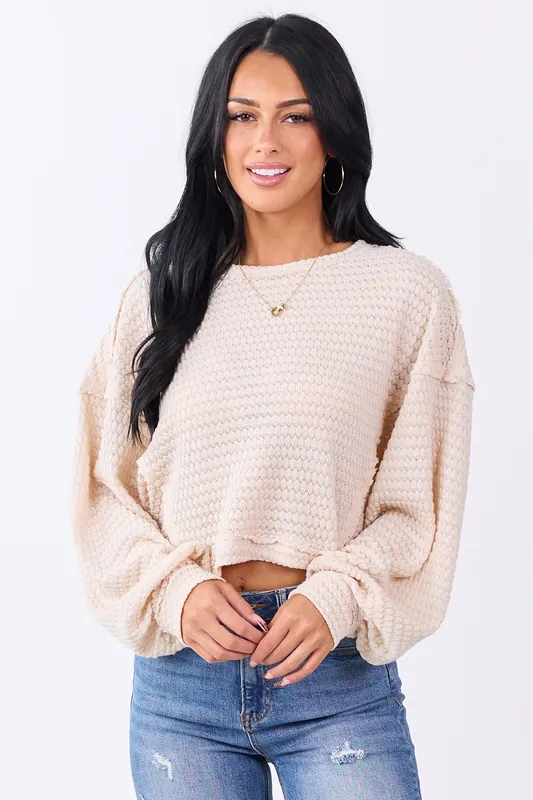 Champagne Waffle Knit Long Sleeve Boxy Top - Very J