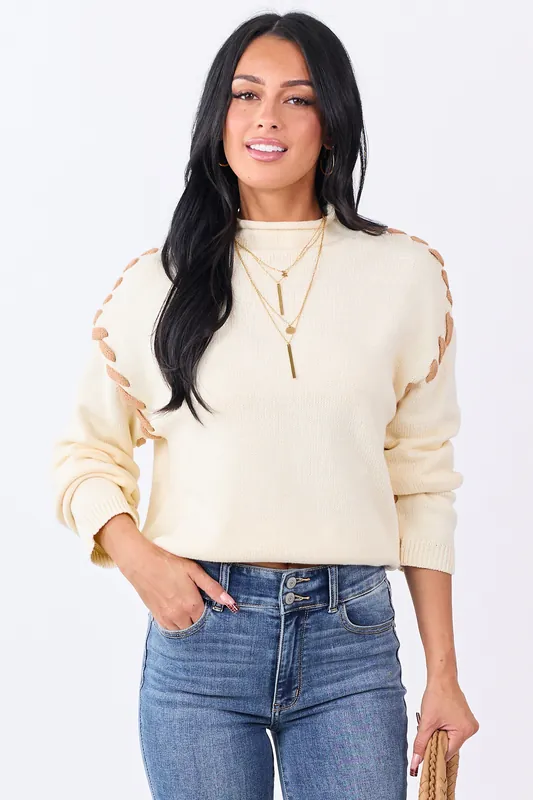 Cream Contrast Stitch Mock Neck Sweater - Heyson