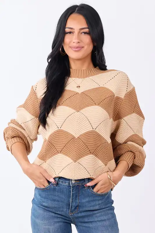 Brown Sugar Wavy Stripe Pointelle Cotton Sweater - Heyson