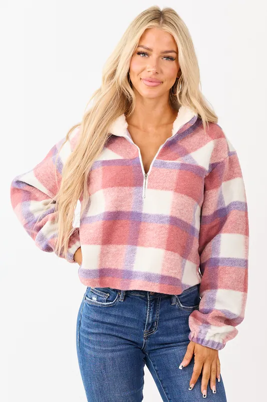 Punch Plaid Half Zip Up Collared Fleece Pullover - Heyson