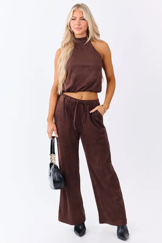 Chocolate Faux Suede Wide Leg Drawstring Pants - B Right