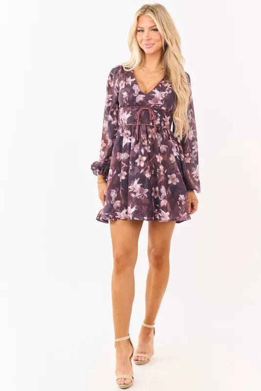 Plum Floral Print Chiffon Deep V Neck Mini Dress - B Right