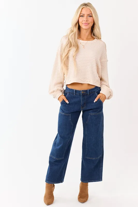 Dark Wash Patch Detail Stretchy Wide Leg Jeans - Just Panmaco
